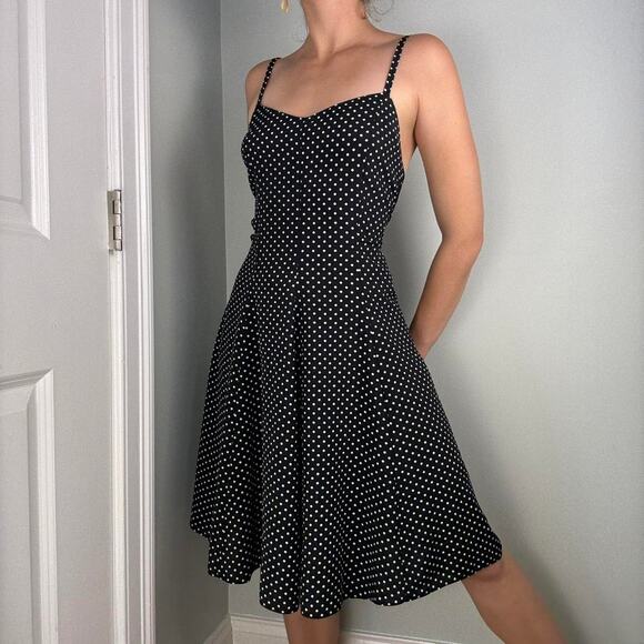 Black white polka dot midi dress vintage with spaghetti straps a-line - Picture 5 of 8